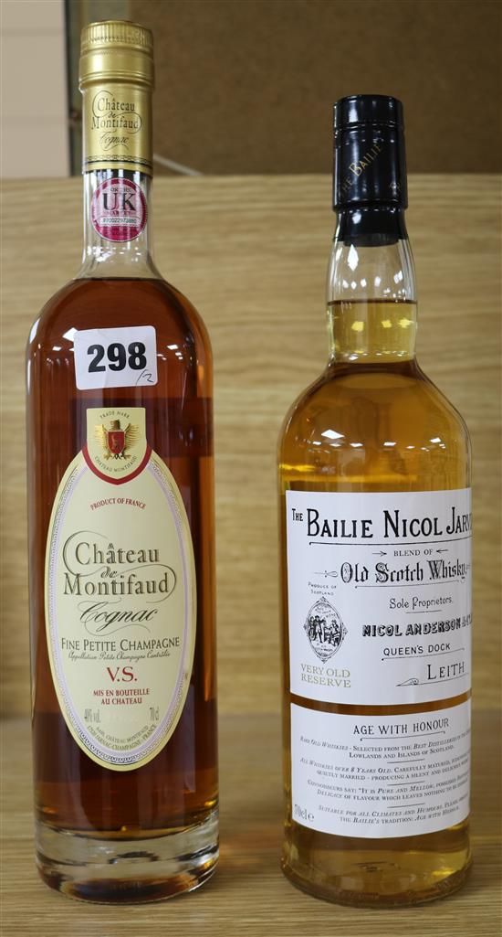 One bottle of Bailie Nicol Jarvie Old Scottish Whisky and one Chateau de Montifaud Fine Petite Champagne cognac.